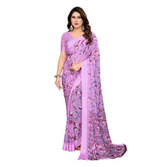 Mayawye Women's Georgette Printed Saree With Unstitched Blouse 5.5Mtr (Purple)