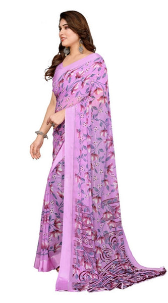 Mayawye Women's Georgette Printed Saree With Unstitched Blouse 5.5Mtr (Purple)
