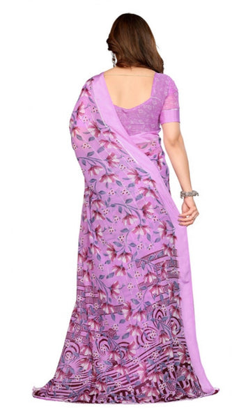 Mayawye Women's Georgette Printed Saree With Unstitched Blouse 5.5Mtr (Purple)