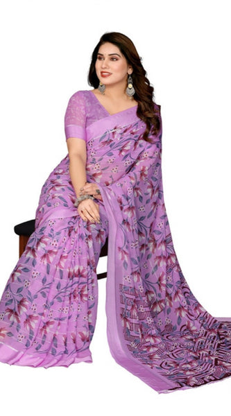 Mayawye Women's Georgette Printed Saree With Unstitched Blouse 5.5Mtr (Purple)