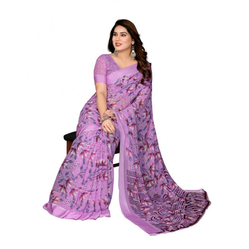 Mayawye Women's Georgette Printed Saree With Unstitched Blouse 5.5Mtr (Purple)
