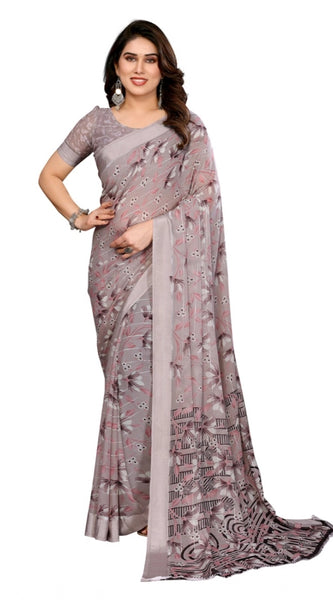 Mayawye Women's Georgette Printed Saree With Unstitched Blouse 5.5Mtr (Grey)