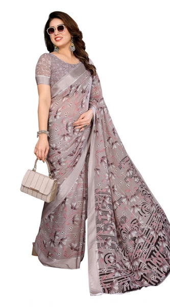 Mayawye Women's Georgette Printed Saree With Unstitched Blouse 5.5Mtr (Grey)