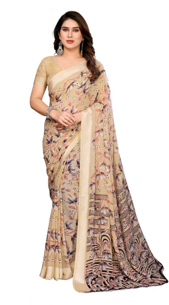 Mayawye Women's Georgette Printed Saree With Unstitched Blouse 5.5Mtr (Beige)