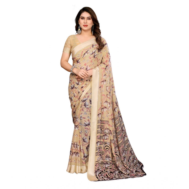 Mayawye Women's Georgette Printed Saree With Unstitched Blouse 5.5Mtr (Beige)