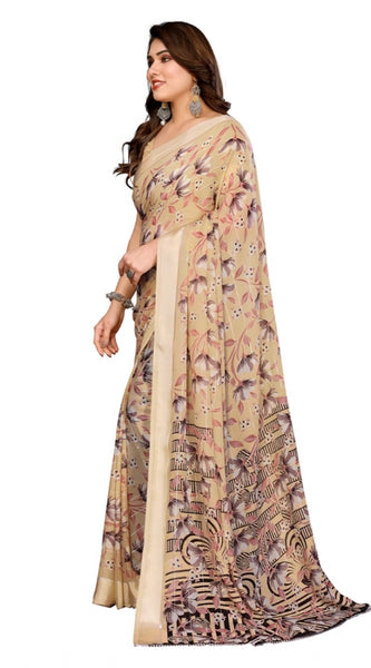 Mayawye Women's Georgette Printed Saree With Unstitched Blouse 5.5Mtr (Beige)