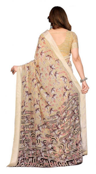 Mayawye Women's Georgette Printed Saree With Unstitched Blouse 5.5Mtr (Beige)