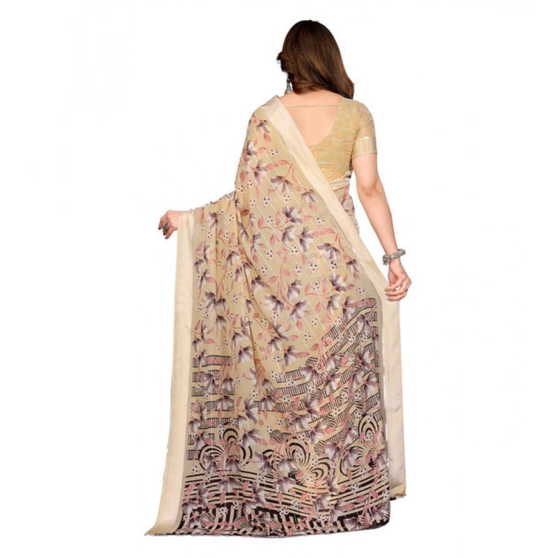 Mayawye Women's Georgette Printed Saree With Unstitched Blouse 5.5Mtr (Beige)