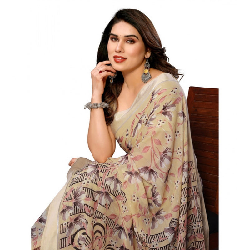 Mayawye Women's Georgette Printed Saree With Unstitched Blouse 5.5Mtr (Beige)