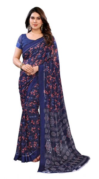 Mayawye Women's Georgette Printed Saree With Unstitched Blouse 5.5Mtr (Blue)
