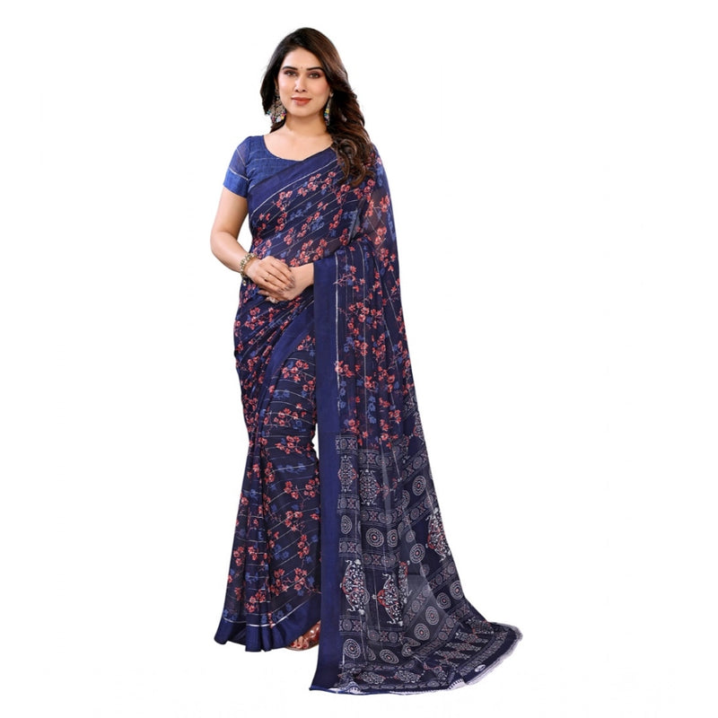 Mayawye Women's Georgette Printed Saree With Unstitched Blouse 5.5Mtr (Blue)