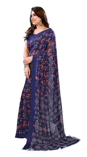 Mayawye Women's Georgette Printed Saree With Unstitched Blouse 5.5Mtr (Blue)