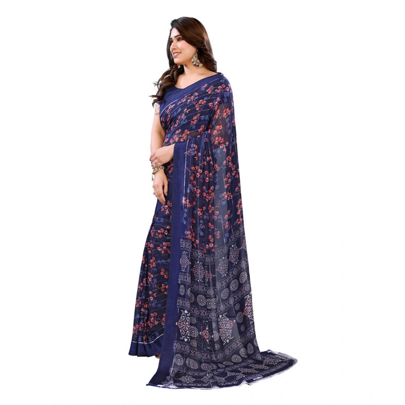 Mayawye Women's Georgette Printed Saree With Unstitched Blouse 5.5Mtr (Blue)