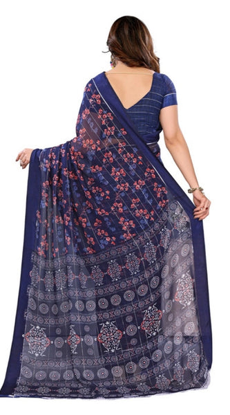 Mayawye Women's Georgette Printed Saree With Unstitched Blouse 5.5Mtr (Blue)