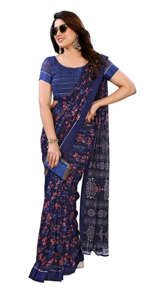 Mayawye Women's Georgette Printed Saree With Unstitched Blouse 5.5Mtr (Blue)