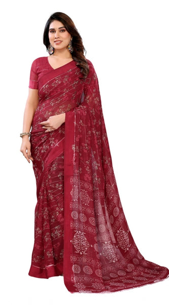 Mayawye Women's Georgette Printed Saree With Unstitched Blouse 5.5Mtr (Red)