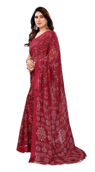 Mayawye Women's Georgette Printed Saree With Unstitched Blouse 5.5Mtr (Red)