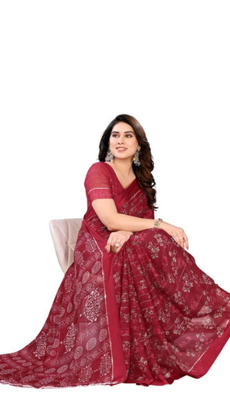 Mayawye Women's Georgette Printed Saree With Unstitched Blouse 5.5Mtr (Red)