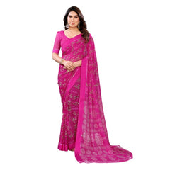 Mayawye Women's Georgette Printed Saree With Unstitched Blouse 5.5Mtr (Pink)