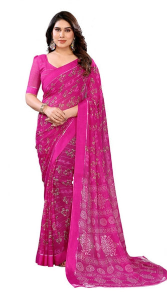 Mayawye Women's Georgette Printed Saree With Unstitched Blouse 5.5Mtr (Pink)