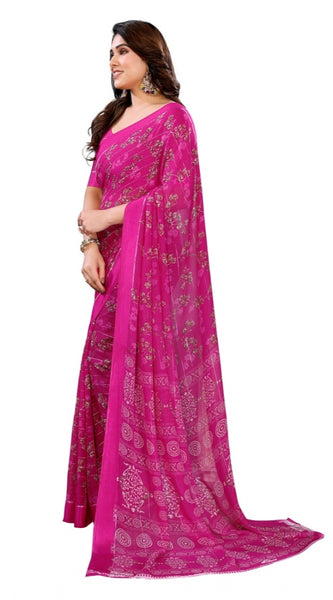 Mayawye Women's Georgette Printed Saree With Unstitched Blouse 5.5Mtr (Pink)