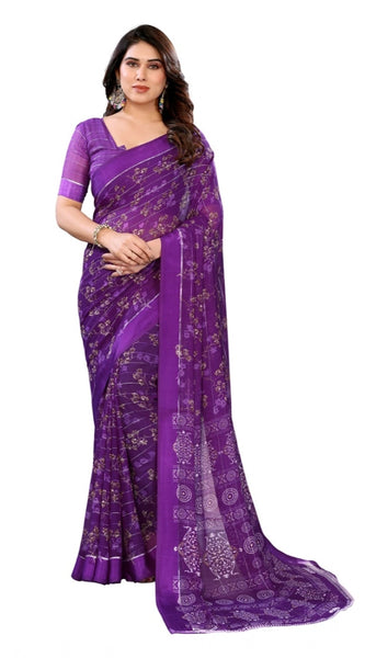 Mayawye Women's Georgette Printed Saree With Unstitched Blouse 5.5Mtr (Purple)