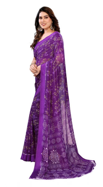 Mayawye Women's Georgette Printed Saree With Unstitched Blouse 5.5Mtr (Purple)