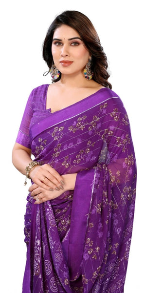 Mayawye Women's Georgette Printed Saree With Unstitched Blouse 5.5Mtr (Purple)