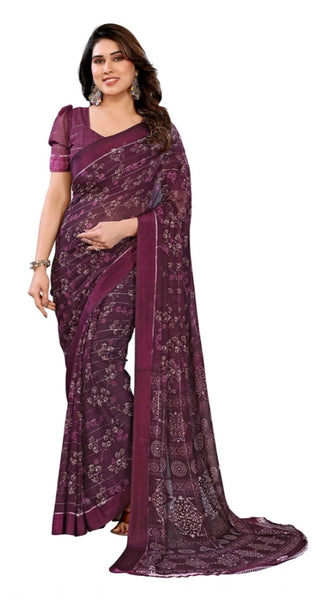 Mayawye Women's Georgette Printed Saree With Unstitched Blouse 5.5Mtr (Wine)