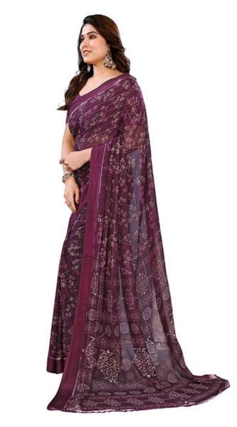 Mayawye Women's Georgette Printed Saree With Unstitched Blouse 5.5Mtr (Wine)