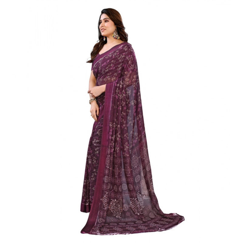 Mayawye Women's Georgette Printed Saree With Unstitched Blouse 5.5Mtr (Wine)