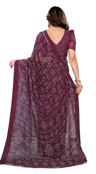 Mayawye Women's Georgette Printed Saree With Unstitched Blouse 5.5Mtr (Wine)