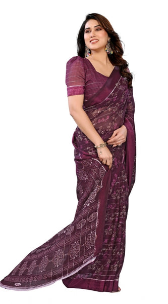 Mayawye Women's Georgette Printed Saree With Unstitched Blouse 5.5Mtr (Wine)