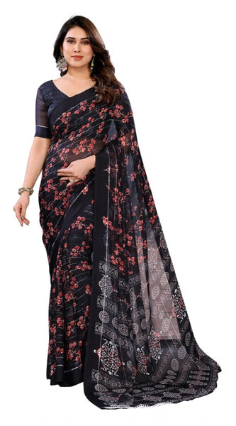 Mayawye Women's Georgette Printed Saree With Unstitched Blouse 5.5Mtr (Navy Blue)