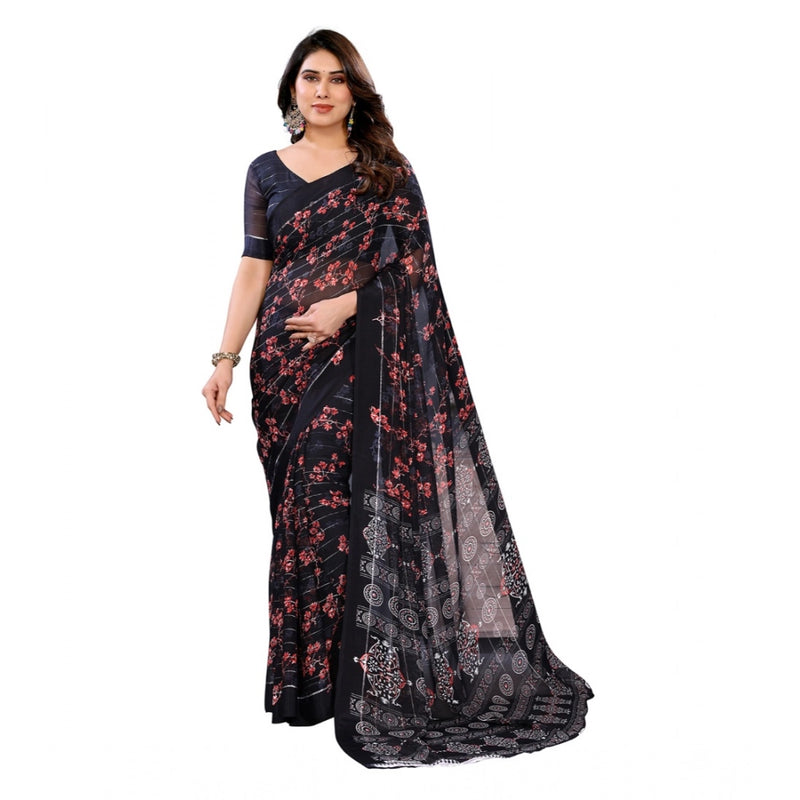 Mayawye Women's Georgette Printed Saree With Unstitched Blouse 5.5Mtr (Navy Blue)