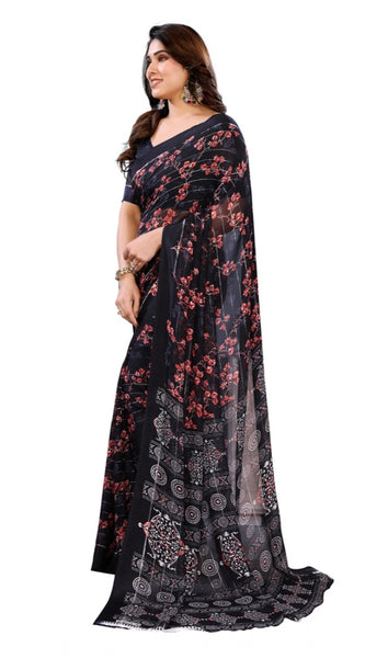 Mayawye Women's Georgette Printed Saree With Unstitched Blouse 5.5Mtr (Navy Blue)