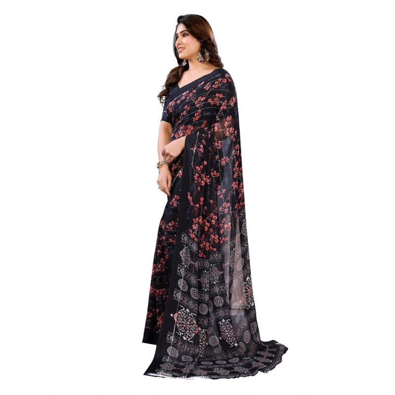 Mayawye Women's Georgette Printed Saree With Unstitched Blouse 5.5Mtr (Navy Blue)
