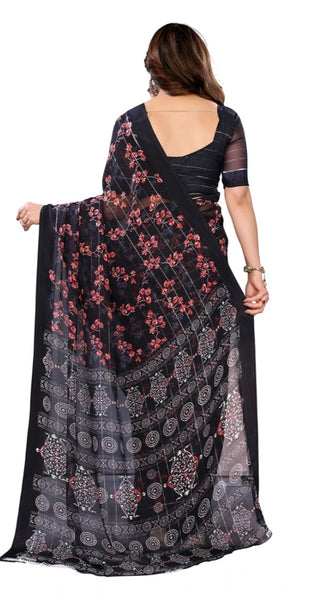 Mayawye Women's Georgette Printed Saree With Unstitched Blouse 5.5Mtr (Navy Blue)