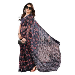 Mayawye Women's Georgette Printed Saree With Unstitched Blouse 5.5Mtr (Navy Blue)
