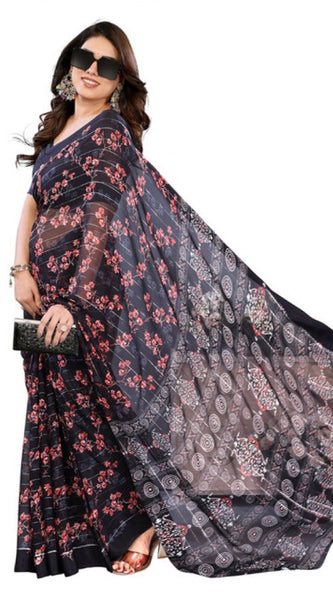 Mayawye Women's Georgette Printed Saree With Unstitched Blouse 5.5Mtr (Navy Blue)