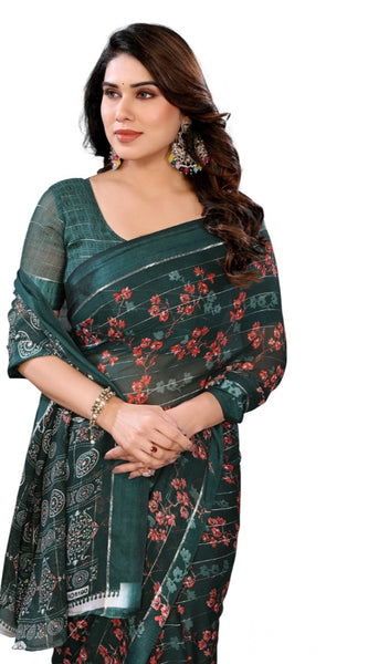 Mayawye Women's Georgette Printed Saree With Unstitched Blouse 5.5Mtr (Green)