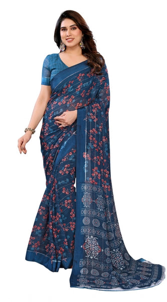 Mayawye Women's Georgette Printed Saree With Unstitched Blouse 5.5Mtr (Blue)
