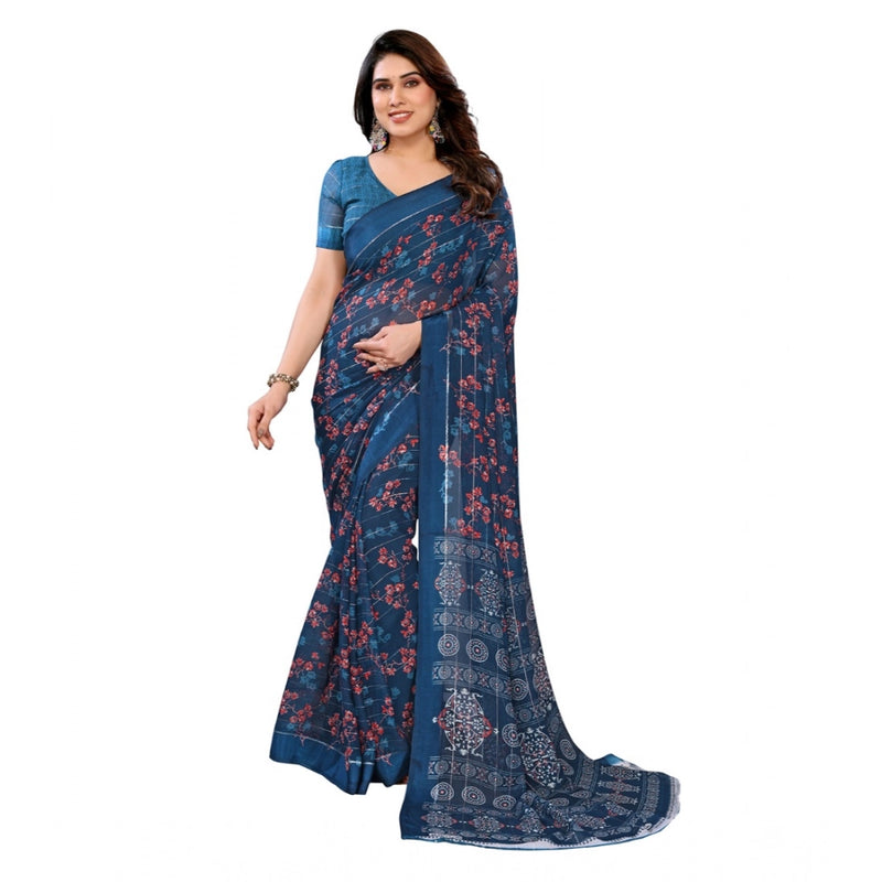 Mayawye Women's Georgette Printed Saree With Unstitched Blouse 5.5Mtr (Blue)