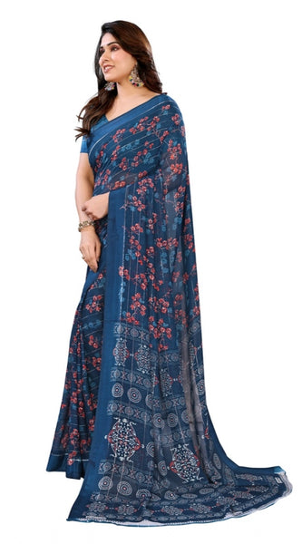 Mayawye Women's Georgette Printed Saree With Unstitched Blouse 5.5Mtr (Blue)