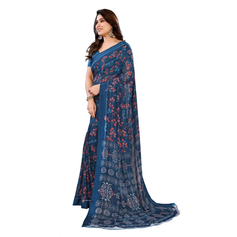 Mayawye Women's Georgette Printed Saree With Unstitched Blouse 5.5Mtr (Blue)