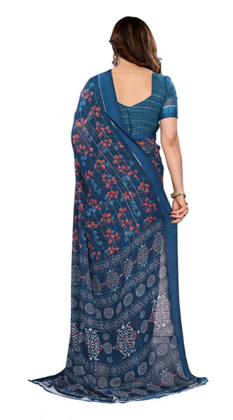 Mayawye Women's Georgette Printed Saree With Unstitched Blouse 5.5Mtr (Blue)