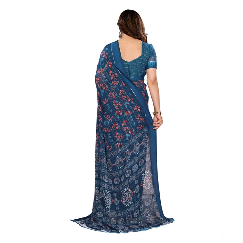 Mayawye Women's Georgette Printed Saree With Unstitched Blouse 5.5Mtr (Blue)