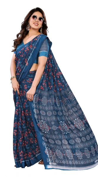 Mayawye Women's Georgette Printed Saree With Unstitched Blouse 5.5Mtr (Blue)