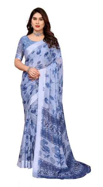 Mayawye Women's Georgette Printed Saree With Unstitched Blouse 5.5Mtr (Light Blue)