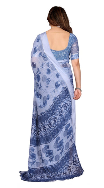 Mayawye Women's Georgette Printed Saree With Unstitched Blouse 5.5Mtr (Light Blue)